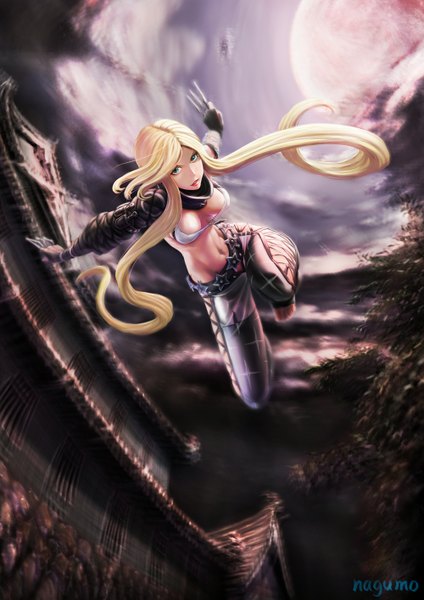 Anime picture 1000x1414 with sengoku basara production i.g kasuga nagumo (qmzp10) single long hair tall image fringe light erotic blonde hair twintails green eyes signed cleavage lips realistic girl gloves navel elbow gloves