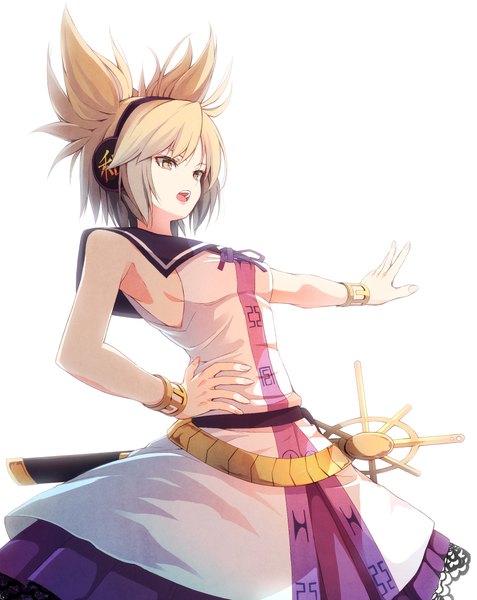 Anime picture 1750x2200 with touhou toyosatomimi no miko mikoma sanagi single tall image highres short hair open mouth simple background blonde hair white background yellow eyes looking away hand on hip outstretched arm girl bracelet headphones