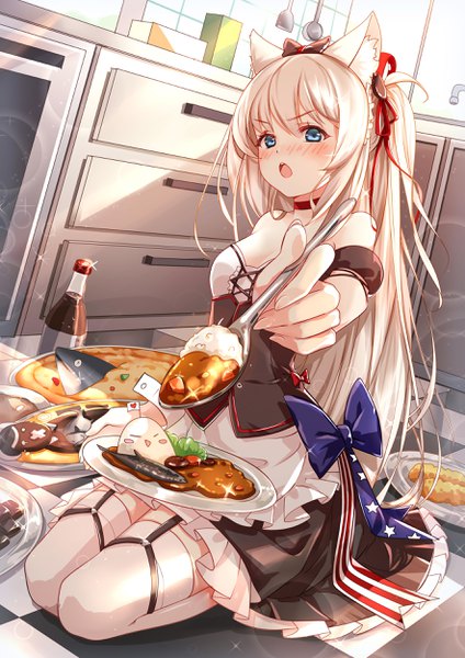 Anime picture 1768x2500 with azur lane hammann (azur lane) clouble single tall image looking at viewer blush fringe highres open mouth blue eyes hair between eyes sitting bare shoulders animal ears payot cleavage silver hair full body indoors