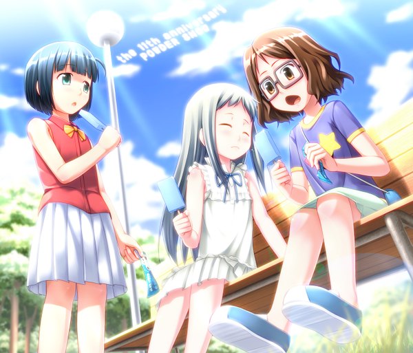 Anime picture 1401x1200 with ano hi mita hana no namae wo bokutachi wa mada shiranai a-1 pictures honma meiko anjou naruko tsurumi chiriko ogata (artist) long hair short hair open mouth black hair brown hair sitting brown eyes green eyes sky cloud (clouds) white hair star print glasses food