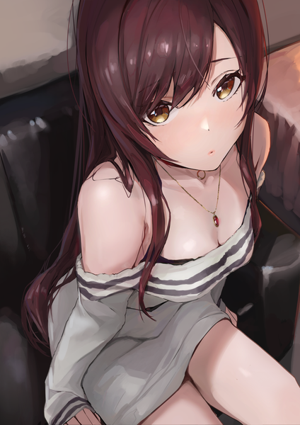 Anime picture 1389x1965 with idolmaster idolmaster shiny colors oosaki amana musunde hiraite (mh5jta) single long hair tall image looking at viewer blush fringe breasts light erotic hair between eyes brown hair sitting bare shoulders brown eyes cleavage indoors parted lips