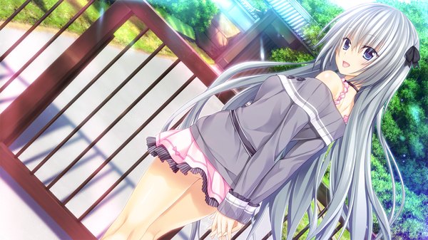 Anime picture 1280x720 with pretty x cation hibiki works elektrichka sapsan single long hair open mouth blue eyes wide image bare shoulders game cg silver hair girl dress bow hair bow