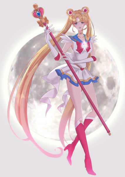 Anime picture 1000x1412 with bishoujo senshi sailor moon toei animation tsukino usagi sailor moon super sailor moon sera (pb2sera) single tall image looking at viewer fringe blue eyes blonde hair standing twintails full body bent knee (knees) very long hair parted lips pleated skirt light smile