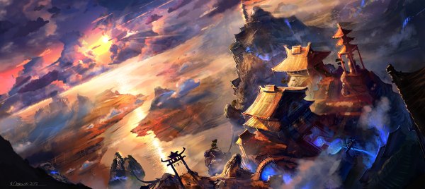 Anime picture 1200x537 with original najtkriss (artist) wide image sky cloud (clouds) sunlight evening sunset mountain landscape river morning sunrise panorama building (buildings) sun bridge shrine