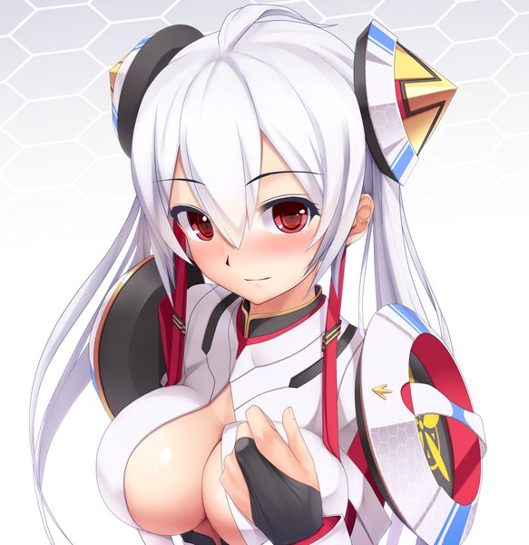 Anime picture 971x1000 with phantasy star sega matoi (pso2) eto single long hair tall image looking at viewer blush breasts light erotic red eyes cleavage white hair girl hair ornament