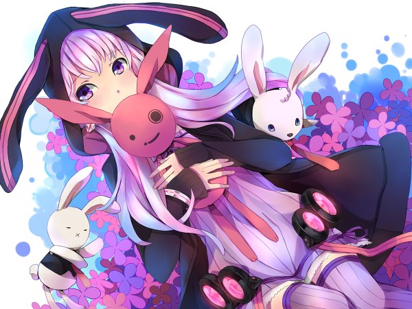 Anime picture 1200x900 with vocaloid yuzuki yukari jiman jm-dot long hair sitting purple eyes twintails pink hair looking back bunny ears low twintails girl thighhighs flower (flowers) hood toy stuffed animal bunny
