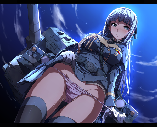 Anime picture 1911x1549 with rick g earth sblack single long hair blush highres blue eyes light erotic blue hair night skirt lift girl thighhighs gloves uniform underwear panties weapon black thighhighs white gloves
