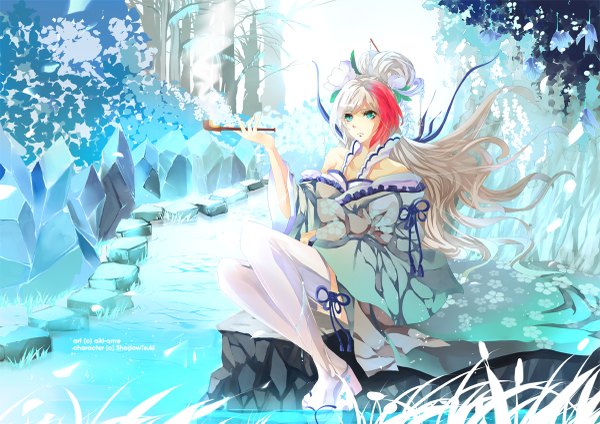 Anime picture 1200x849 with aiki-ame single long hair blonde hair sitting signed pink hair traditional clothes multicolored hair aqua eyes two-tone hair smoke girl thighhighs hair ornament flower (flowers) plant (plants) tree (trees) water stone (stones)