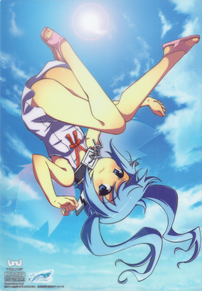 Anime picture 1249x1800 with sora no otoshimono nymph (sora no otoshimono) single long hair tall image looking at viewer blush blue eyes light erotic blue hair sky cloud (clouds) bent knee (knees) ass official art body blush upside down girl wings shoes