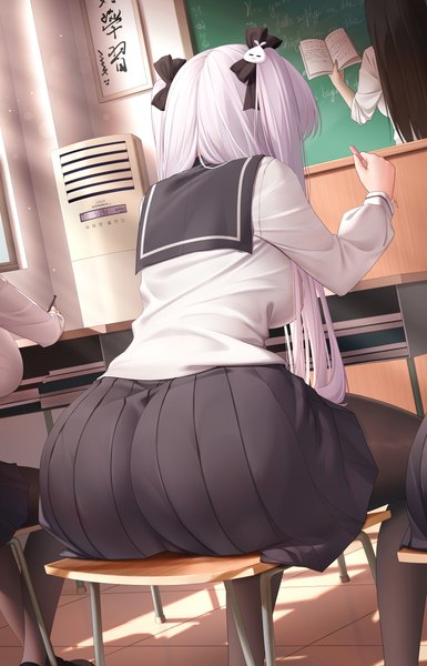 Anime picture 5139x8000 with niliu chahui tokisaki mio long hair tall image highres breasts light erotic large breasts sitting multiple girls holding absurdres ass white hair indoors long sleeves from behind two side up solo focus classroom