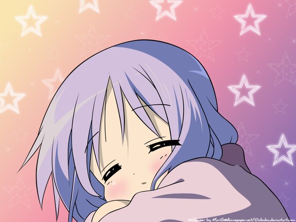 Anime picture 1600x1200 with lucky star kyoto animation hiiragi tsukasa single fringe short hair payot blue hair eyes closed head tilt shadow light pink background face sleeping girl star (symbol)