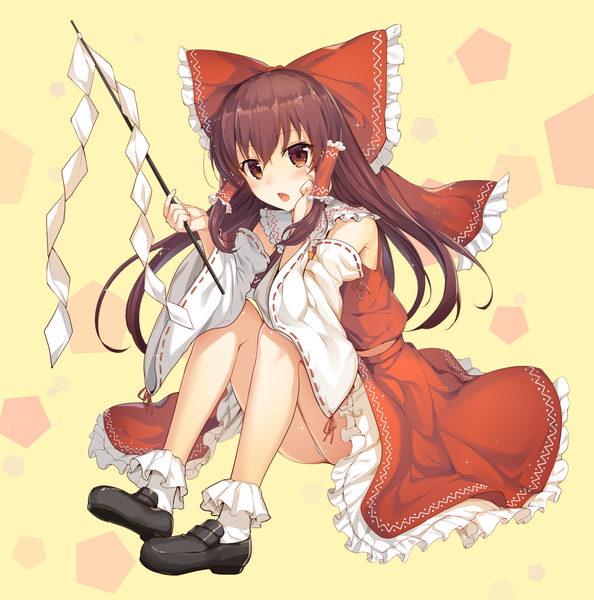 Anime picture 1500x1514 with touhou hakurei reimu ikomochi single long hair tall image looking at viewer open mouth light erotic brown hair sitting brown eyes full body ass wide sleeves yellow background frilly skirt girl skirt underwear