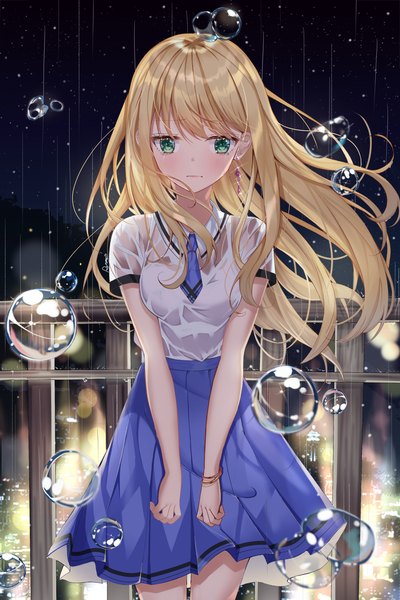 Anime-Bild 3000x4500 mit original ron me s2 single long hair tall image looking at viewer blush fringe highres breasts blonde hair standing green eyes signed payot outdoors blunt bangs pleated skirt wind night