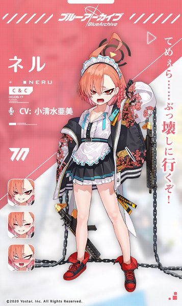 Anime-Bild 709x1191 mit blue archive neru (blue archive) mx2j (nsh6394) single tall image fringe short hair open mouth hair between eyes red eyes standing full body ahoge orange hair mole open jacket official art maid copyright name character names