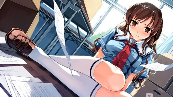 Anime picture 2048x1160 with suiheisen made nan mile? nakano hinata misaki kurehito single long hair blush highres brown hair wide image sitting brown eyes sweat girl uniform school uniform socks necktie shoes window white socks