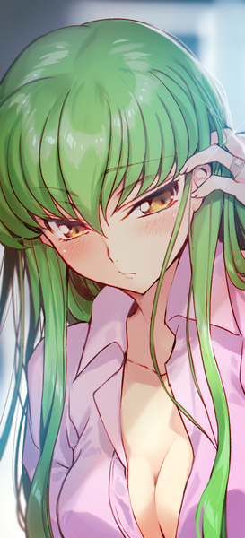 Anime picture 635x1393 with code geass sunrise (studio) c.c. creayus single long hair tall image blush fringe breasts light erotic hair between eyes yellow eyes payot looking away cleavage upper body indoors long sleeves head tilt