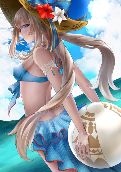 Anime picture 2480x3508 with fate (series) fate/grand order marie antoinette (fate/grand order) marie antoinette (swimsuit caster) (fate) numaguro (tomokun0808) single long hair tall image looking at viewer fringe highres breasts open mouth blue eyes light erotic blonde hair standing twintails bare shoulders holding