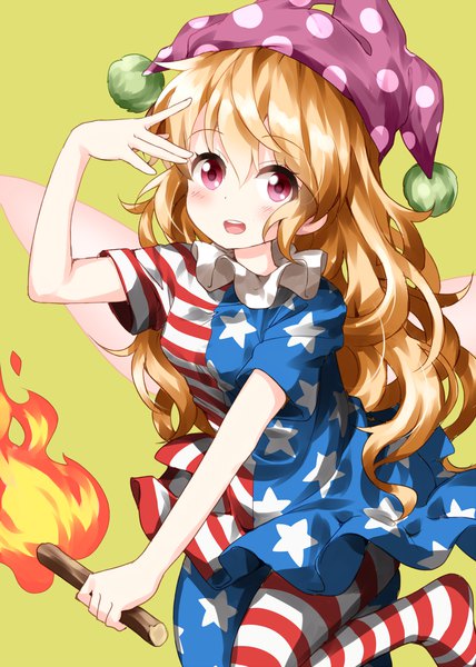 Anime picture 1000x1400 with touhou clownpiece ruu (tksymkw) single long hair tall image blush fringe open mouth simple background blonde hair hair between eyes :d pink eyes polka dot green background star print girl hat wings