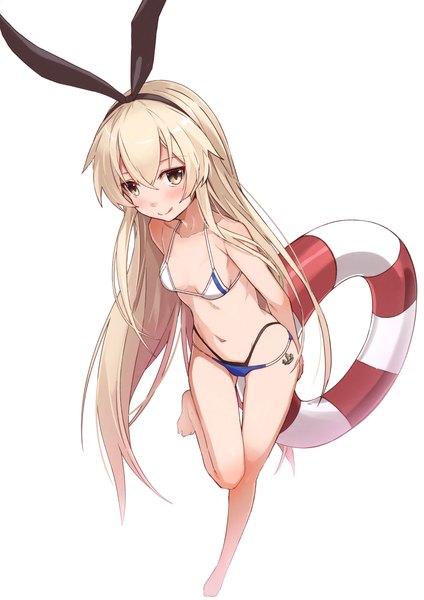 Anime picture 2139x3026 with kantai collection shimakaze destroyer takanashi kei (hitsujikan) single tall image looking at viewer blush fringe highres light erotic simple background blonde hair smile hair between eyes standing white background yellow eyes full body bent knee (knees) very long hair