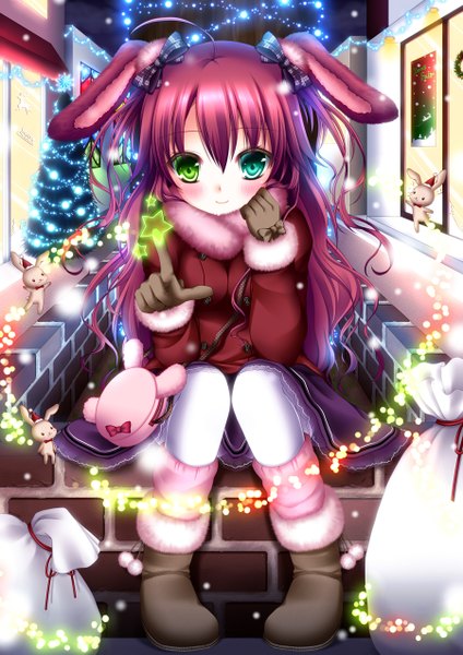 Anime picture 900x1273 with original shitou single long hair tall image looking at viewer blush smile green eyes animal ears red hair christmas merry christmas girl gloves bow hair bow jacket boots bag
