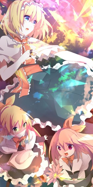 Anime picture 1000x2000 with touhou alice margatroid shanghai hourai saden (magumo) long hair tall image short hair open mouth blue eyes blonde hair multiple girls yellow eyes cloud (clouds) pink eyes girl flower (flowers) bow hair bow frills