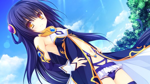 Anime picture 1920x1080 with kujiragami no tearstilla riru whale mikagami mamizu single long hair looking at viewer highres light erotic black hair wide image yellow eyes game cg sky cloud (clouds) light smile girl underwear panties detached sleeves