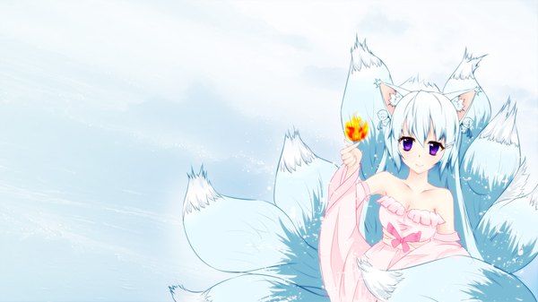 Anime picture 1920x1080 with league of legends ahri (league of legends) fallen single long hair highres wide image purple eyes blue hair fox ears fox tail fox girl multiple tails girl dress fireball