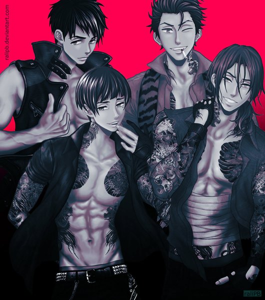 Anime picture 1024x1159 with free! kyoto animation matsuoka rin yamazaki sosuke aiichiro nitori seijuurou mikoshiba ralipb long hair tall image fringe short hair light erotic black hair smile hair between eyes signed looking away blunt bangs head tilt one eye closed