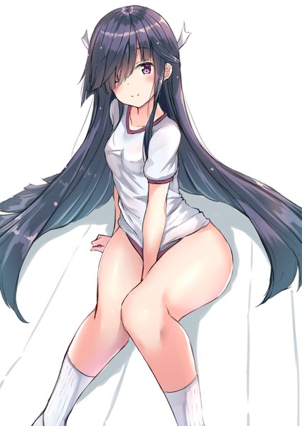 Anime picture 885x1250 with kantai collection hayashimo destroyer yukishiro arute single long hair tall image looking at viewer blush fringe breasts light erotic black hair simple background smile white background sitting purple eyes hair over one eye arm support between legs