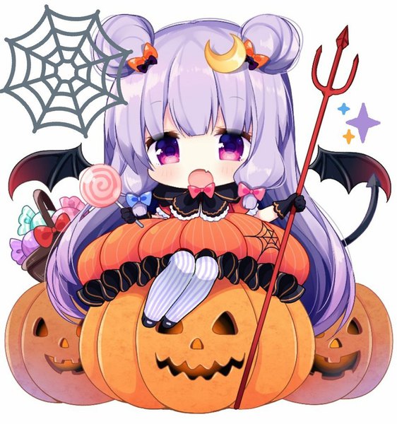 Anime picture 959x1023 with touhou patchouli knowledge shiika yuno miiiiiiii single long hair tall image looking at viewer blush open mouth white background sitting purple eyes purple hair full body tail :o hair bun (hair buns) alternate costume halloween