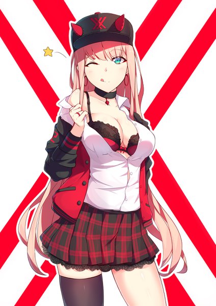 Anime picture 905x1280 with darling in the franxx studio trigger zero two (darling in the franxx) violet (eightonemini) single long hair tall image looking at viewer blush fringe breasts light erotic simple background hair between eyes standing payot pink hair cleavage pleated skirt one eye closed
