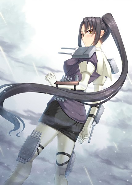 Anime picture 721x1010 with kantai collection nachi heavy cruiser miyai max single tall image blush black hair brown eyes ponytail very long hair looking back girl gloves weapon elbow gloves