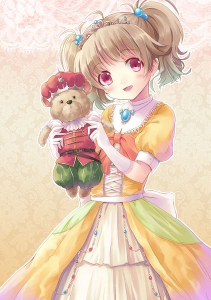 Anime picture 845x1200 with original hyuuga azuri single tall image looking at viewer blush short hair open mouth red eyes brown hair girl dress tiara teddy bear
