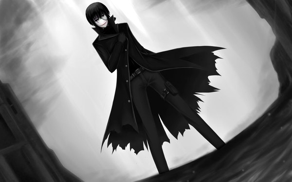 Anime picture 2184x1365 with darker than black studio bones hei (darker than black) single fringe highres black hair wide image black eyes monochrome boy gloves belt pants cloak mask