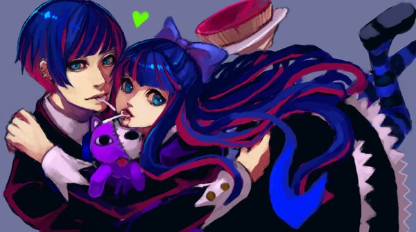 Anime picture 1069x598 with panty & stocking with garterbelt anarchy stocking h@ruichi long hair short hair blue eyes wide image multicolored hair two-tone hair streaked hair hug saliva dual persona genderswap girl thighhighs dress boy bow hair bow