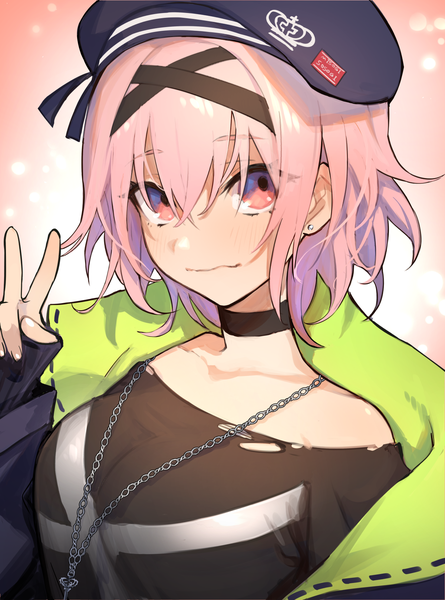Anime picture 1200x1617 with virtual youtuber misogi sosogi mephist single tall image looking at viewer blush fringe short hair simple background hair between eyes bare shoulders pink hair upper body long sleeves pink eyes off shoulder inscription open jacket character names
