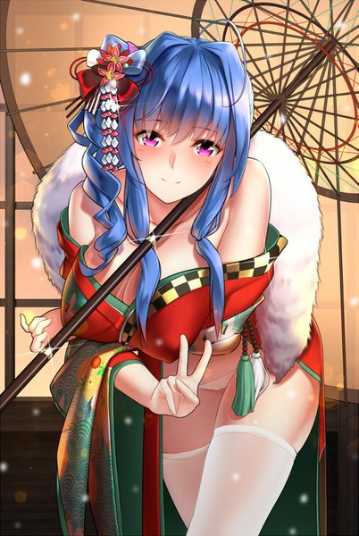 Anime picture 921x1374 with azur lane st. louis (azur lane) st. louis (tipsy snow) (azur lane) gt-apex baiyin single long hair tall image looking at viewer blush fringe breasts light erotic smile hair between eyes large breasts standing bare shoulders payot blue hair