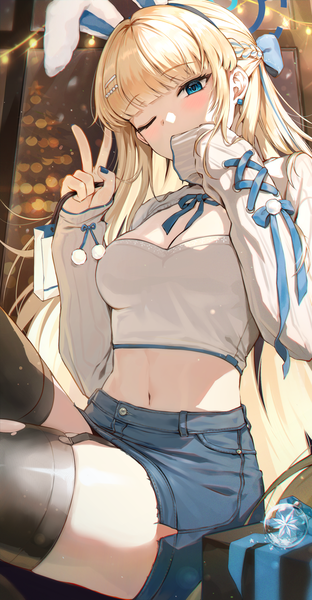 Anime picture 1517x2913 with blue archive toki (blue archive) luzzi (milllim) single long hair tall image looking at viewer blush fringe breasts blue eyes light erotic blonde hair large breasts sitting animal ears blunt bangs long sleeves nail polish one eye closed
