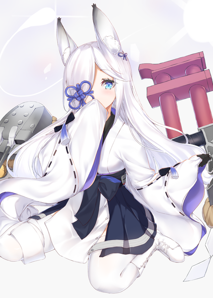 Anime picture 2591x3624 with azur lane kasumi (azur lane) karla (kimidori3) single long hair tall image looking at viewer blush fringe highres blue eyes sitting animal ears payot full body bent knee (knees) white hair traditional clothes japanese clothes hair over one eye