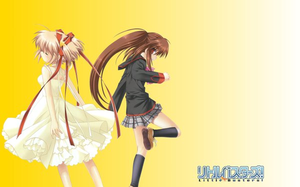 Anime picture 1680x1050 with little busters! key (studio) natsume rin kamikita komari wide image two side up yellow background