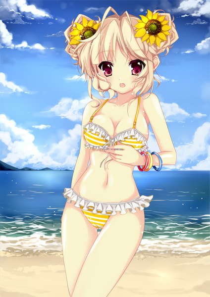 Anime picture 707x1000 with original usagihime single tall image looking at viewer blush short hair breasts open mouth light erotic blonde hair red eyes sky cloud (clouds) hair flower beach girl navel hair ornament flower (flowers)