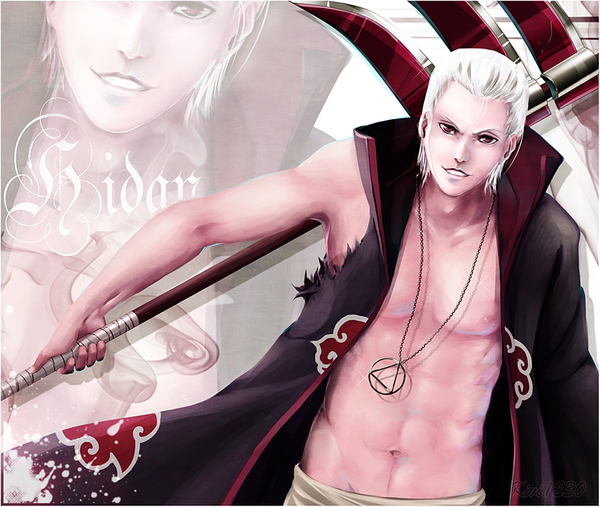 Anime picture 1900x1607 with naruto studio pierrot naruto (series) hidan single looking at viewer highres short hair smile red eyes silver hair inscription torn clothes akatsuki boy pendant cloak scythe