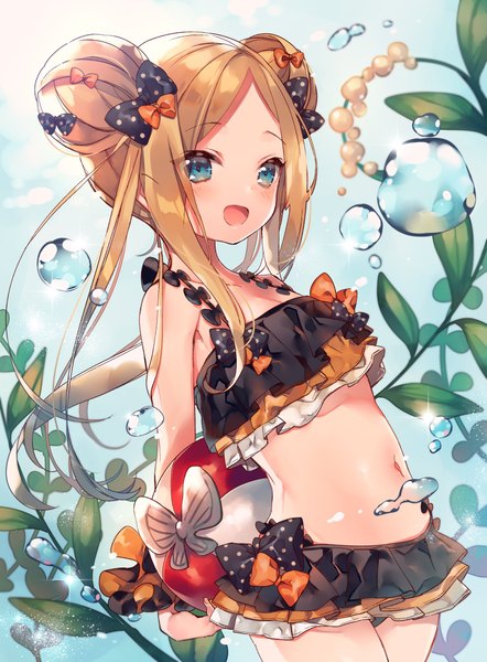 Anime picture 1509x2048 with fate (series) fate/grand order abigail williams (fate) ana (rznuscrf) single long hair tall image looking at viewer blush fringe open mouth blue eyes light erotic blonde hair smile standing payot :d hair bun (hair buns) heroic spirit traveling outfit