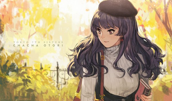 Anime picture 850x502 with tokyo 7th sisters ootori chacha ekao single long hair fringe black hair smile wide image brown eyes looking away copyright name character names wavy hair close-up girl plant (plants) earrings tree (trees) book (books)