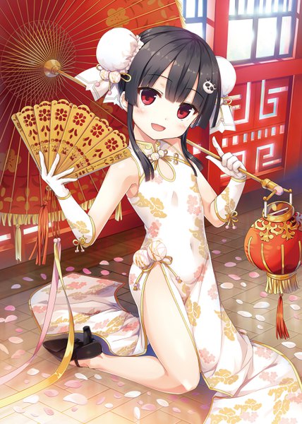 Anime picture 2000x2802 with maitetsu hachiroku (maitetsu) cura single tall image looking at viewer blush fringe highres short hair open mouth light erotic black hair smile red eyes holding full body traditional clothes head tilt :d