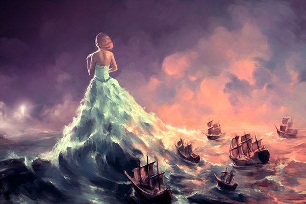 Anime picture 1300x867 with original aquasixio (artist) single short hair bare shoulders pink hair sky cloud (clouds) back light abstract swimming girl dress water sea watercraft ship