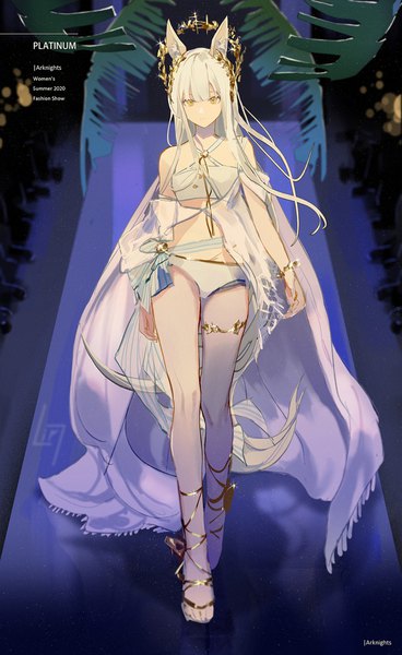 Anime picture 1070x1744 with arknights platinum (arknights) platinum (shimmering dew) (arknights) lirseven single tall image looking at viewer fringe light erotic animal ears yellow eyes full body white hair very long hair copyright name character names official alternate costume walking girl swimsuit