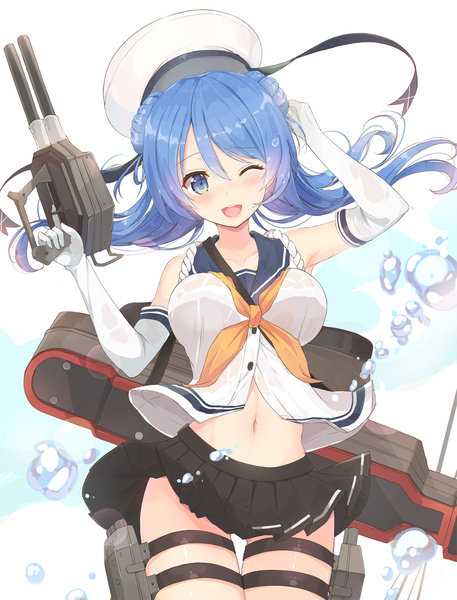 Anime picture 800x1050 with kantai collection urakaze destroyer kagerou (shadowmage) single long hair tall image looking at viewer blush open mouth blue eyes light erotic blue hair one eye closed wink girl skirt gloves navel weapon miniskirt