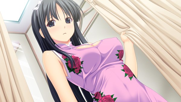 Anime picture 2560x1440 with tropical vacation twinkle soft fukami nagisa koutaro single long hair looking at viewer fringe highres breasts light erotic black hair wide image large breasts standing game cg cleavage black eyes from below erect nipples