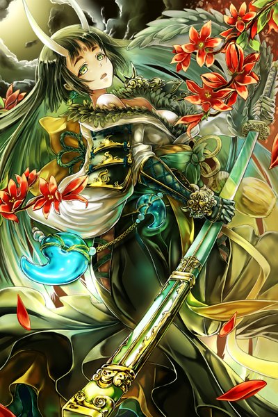 Anime picture 1002x1503 with original gin ji single long hair tall image looking at viewer open mouth green eyes horn (horns) green hair girl dress gloves flower (flowers) weapon petals elbow gloves katana
